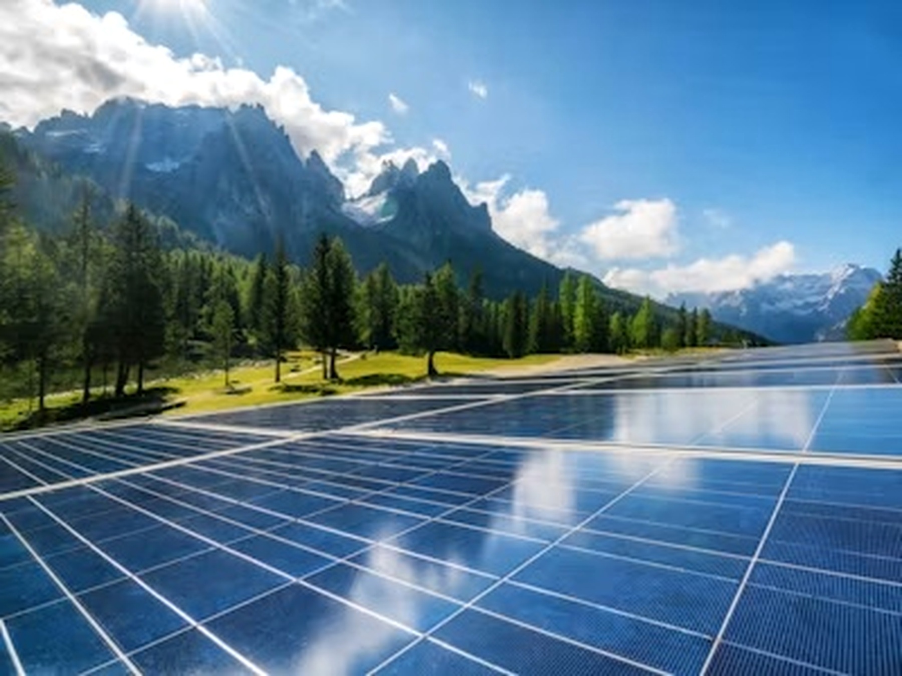 Solar panels with mountains